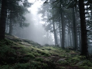 Fototapeta premium Foggy forest path winding through moss-covered rocks and pine trees woods nature