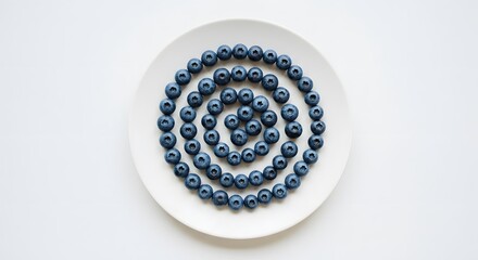 White plate with concentric circles of blueberries arranged in a spiral pattern