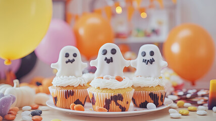 Spooky cupcakes decorated with ghost-shaped meringue. The scene includes colorful balloons and candy, creating a festive atmosphere for Halloween.