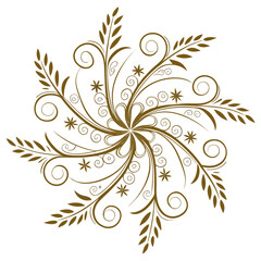 Elegant brown floral swirl ornament with star accents and leaves on a white background