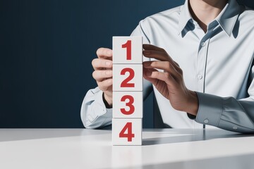 Man in a shirt organizing white blocks with red numbers in ascending order to symbolize a step-by-step business strategy, planning, and prioritization