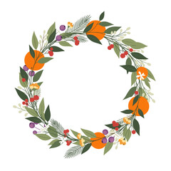 Naklejka premium A festive wreath adorned with oranges berries and pine needles.
