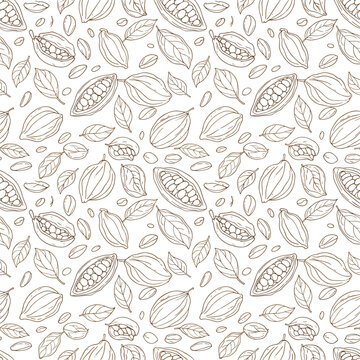 Seamless pattern of hand drawn cocoa beans and leaves in sepia tones.