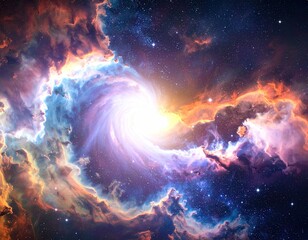 Galaxy swirling nebula; bright center, cosmic dust, gas