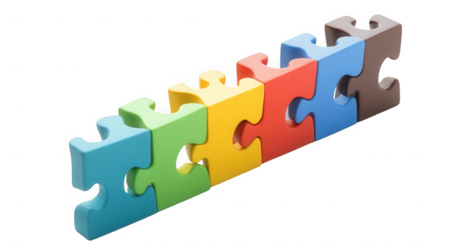 Colorful jigsaw puzzle pieces connected together on a black studio background on transparent background - Powered by Adobe