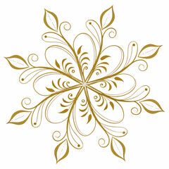 Elegant golden floral snowflake design with swirling vines and leaves on a white background