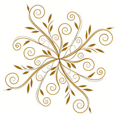 Elegant golden floral swirl ornament with leaves on a white background decorative element