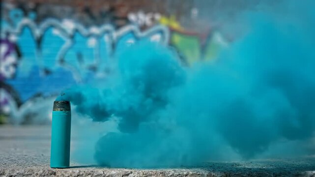 Blue Smoke Bomb on Concrete Near Graffiti Wall During Daytime