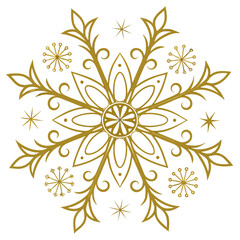 Elegant golden snowflake design with intricate details and smaller starbursts on a white background