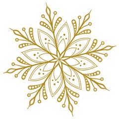 Elegant golden snowflake design with intricate floral petals and decorative dots on white background