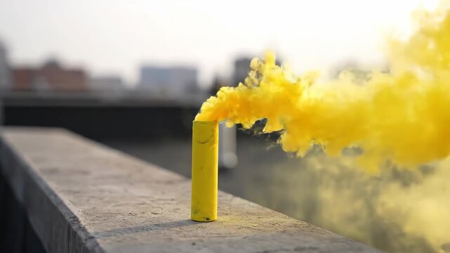 Yellow Smoke Grenade Emits Cloud of Smoke on Concrete Rooftop in Urban Setting