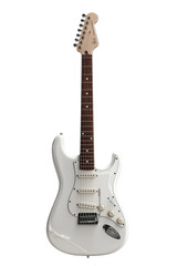 Obraz premium Pristine White Electric Guitar (Light Wood Neck, Dark Fretboard) �C Stands Vertically on Light Gray Background, Ready for Use, PNG, no background