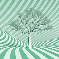 Minimalist Tree stylized blue and white striped waves.