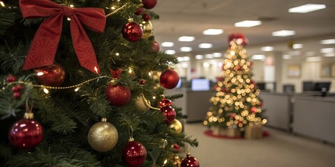 Fototapeta premium Closeup of a decorated christmas tree in an office