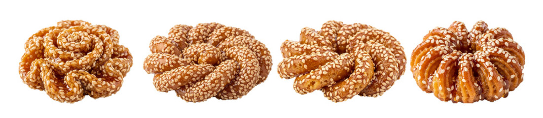 Traditional Moroccan chebakia cookie, flower-shaped and coated in honey and sesame, on a plate PNG