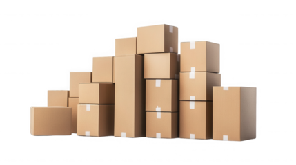 Stack of sealed cardboard boxes ready for shipping on transparent background