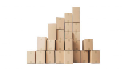 Stack of cardboard boxes arranged in a pyramid shape against black backdrop on transparent background