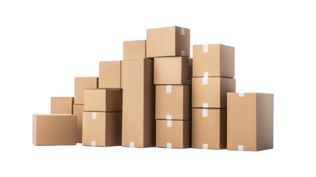 Stack of sealed cardboard boxes ready for shipping on transparent background