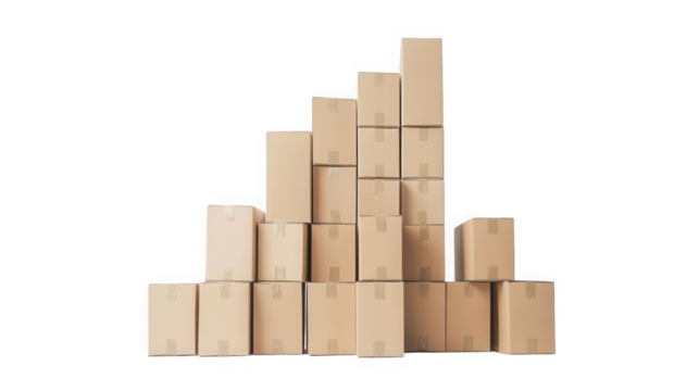 Stack of cardboard boxes arranged in a pyramid shape against black backdrop on transparent background