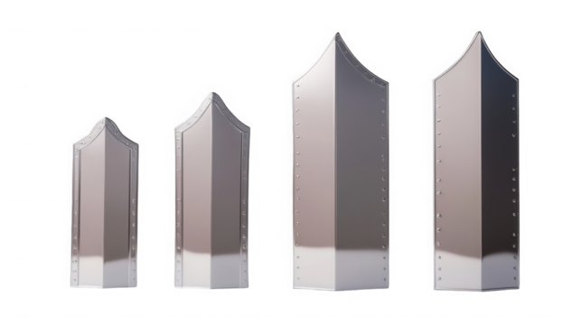 Four metallic obelisks stand in a row against a stark on transparent background