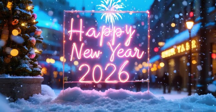 Festive scene depicts bright neon sign wishing happy new year 2026. Snow covers ground, lights illuminate winter street.