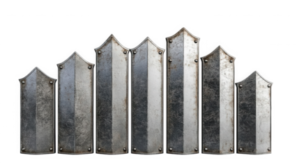 Row of seven medieval armor plates standing upright against a on transparent background