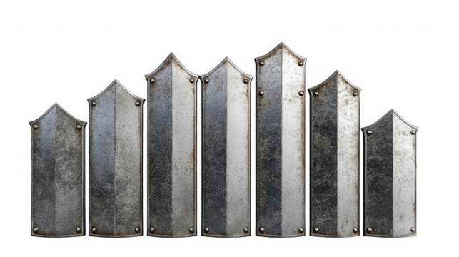 Row of seven medieval armor plates standing upright against a on transparent background