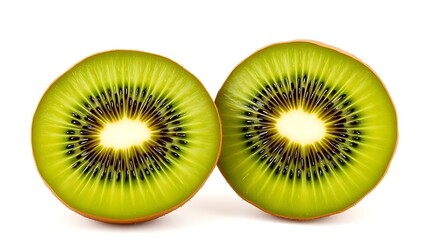 Fototapeta premium Half-cut kiwi fruit on a clean white background, highlighting freshness and vibrant green color.