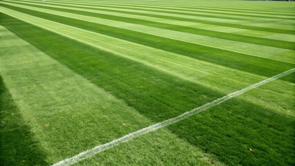 Obraz premium Freshly mowed green grass on a sports field with crisp white lines marking the boundaries.