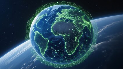 Obraz premium Earth Enveloped by Glowing Neural Network – Global Consciousness Concept, Deep Blue & Electric Green, High-Resolution Space View.