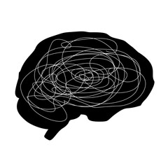 Random scribbles over the brain area, symbol of chaotic thoughts, stress, or lack of focus, flat art design style.
