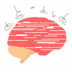Glitch or blur effect on the brain, showing fading memory or cognitive decline, flat art design style.
