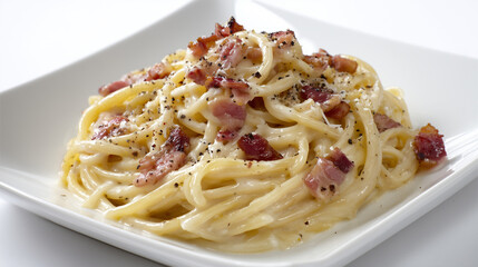 白く四角い皿に上品に盛り付けられた濃厚な卵とチーズのソースに絡んだベーコンとたっぷりの粗挽き黒胡椒のカルボナーラ