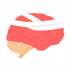 Brain wrapped in a white bandage, suggesting healing from trauma or mental disorders, flat art design style.
