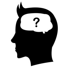 Side view of a head with a question mark in the brain, symbolizing doubt or uncertainty, flat art design style.
