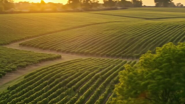 Golden Hour Over Rolling Vineyards and Lush Green Tree.