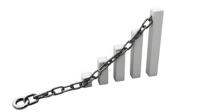 Bar graph with chain illustrates growth and restriction in the marketplace on transparent background