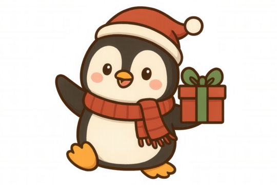 Cute cartoon penguin wearing santa hat and scarf, happily holding a christmas gift, transparent background - Powered by Adobe