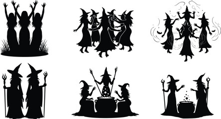 Spooky witches coven vector illustration with cauldron, magic ritual, enchanted spell casting, Halloween silhouettes, dark sorcery, and mystic occult design.