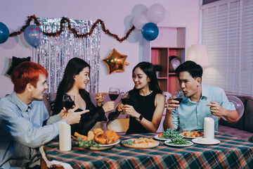 Diversity, dinner and group of people toast celebration together at party. Friends, happy and celebrate with food, wine and friendship for love, support and cheers champagne at business function