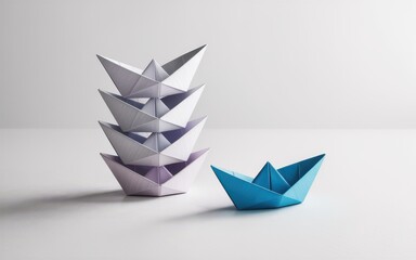 A single blue paper boat stands out from a stack of others, symbolizing leadership, innovation, and taking a different direction