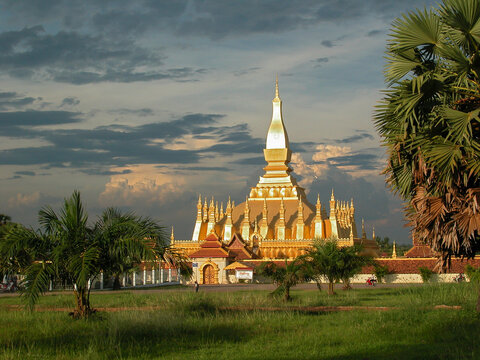 View of the golden glow of Pha That Luang radiates against a dramatic sky, framed by lush palm trees and verdant grass, Vientiane, Vientiane Prefecture, Laos.
