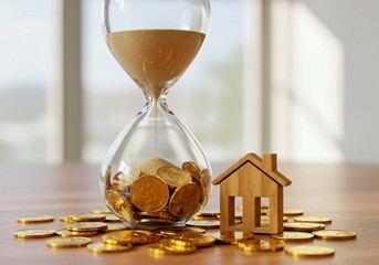 Transparent Glass Hourglass Filled with Falling Golden Coins and a Wooden House Icon on a Coin Pile – Concept of Financial Planning, Real Estate Investment, and Savings in Modern Photorealistic Style