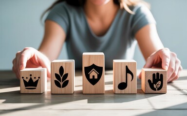 Conceptual image of a woman choosing life priorities and core values represented by icons on wooden blocks