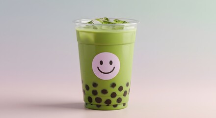 Matcha bubble tea with happy face, pastel sticker