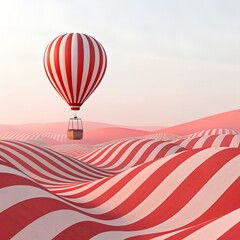 hot air balloon stylized white and red striped waves.