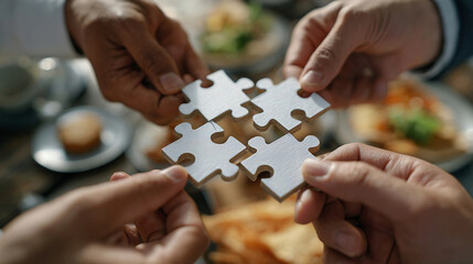 Concept of teamwork and partnership. Hands join puzzle pieces in the office. business people putting the jigsaws team together. Charity, volunteer.