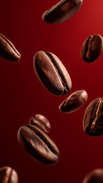 Rich, aromatic roasted coffee beans float against deep red background, creating dynamic and inviting visual. beans glossy texture and rich brown color highlight their premium quality