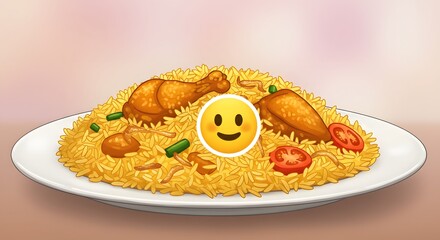 Plate of biryani with happy face, cartoon style sticker