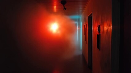 A long hallway lit by a single red light, ideal for use as a backdrop or atmospheric setting
